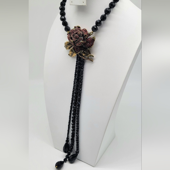 Heidi Daus Garnet Swarovski Crystal Red Rose Statement Lariat with LONG tassels - Picture 8 of 15